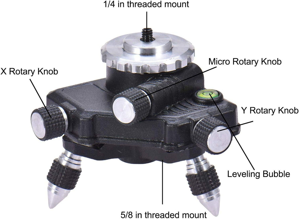 Laser level base with X and Y rotary knobs, micro adjustment, levelling bubble, and 1/4 and 5/8 inch threaded mounts