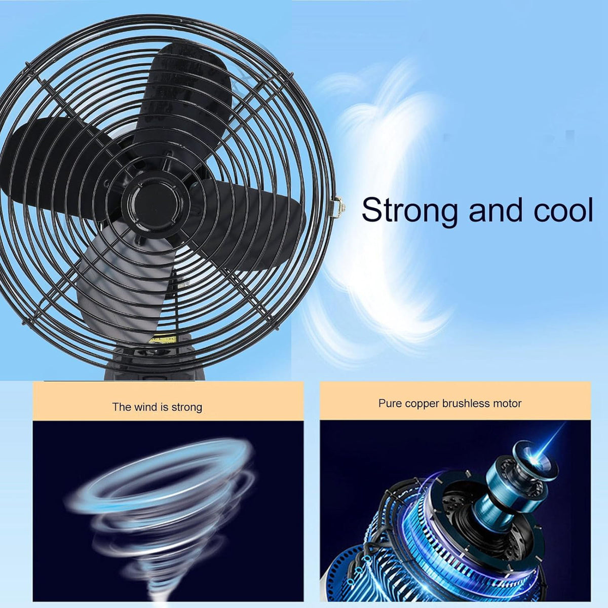 Al&Afa cordless fan with graphics showing strong airflow and its motor