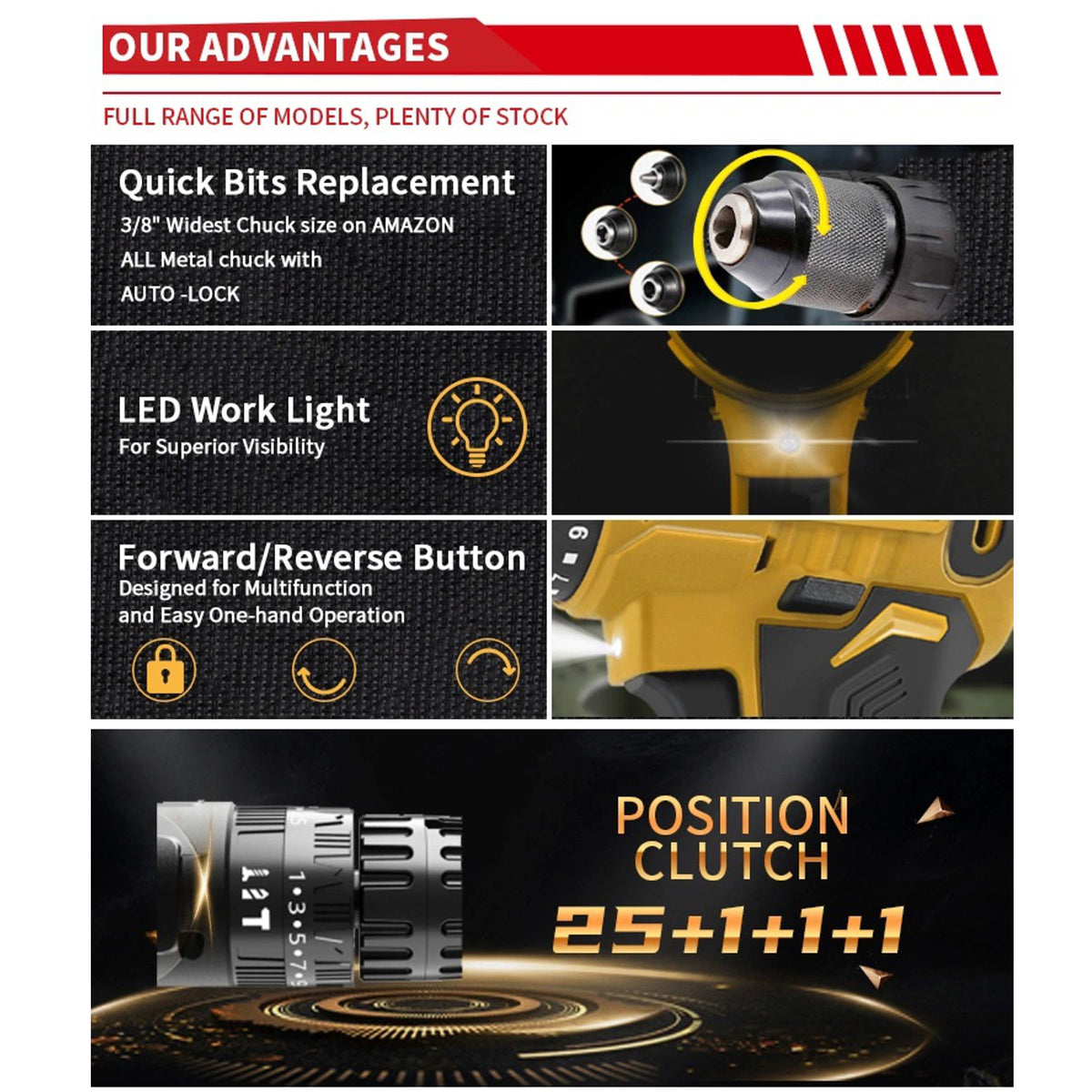 Drill features: quick bit change, 3/8 inch metal chuck, LED work light, forward/reverse button and 25-position clutch