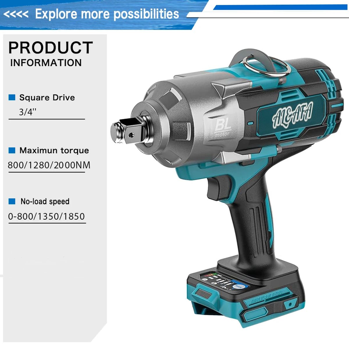 Al&Afa Brushless 2000Nm Torque Impact Wrench With 2 Batteries Socket & Case