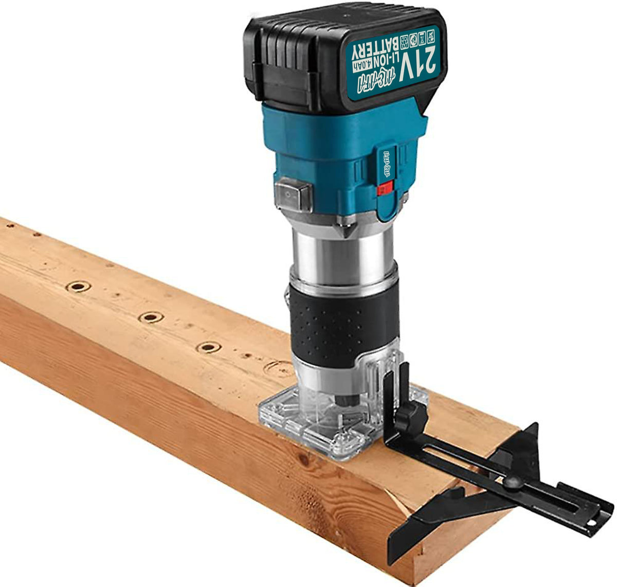 Al&Afa cordless router trimming the edge of a wooden beam with its edge guide