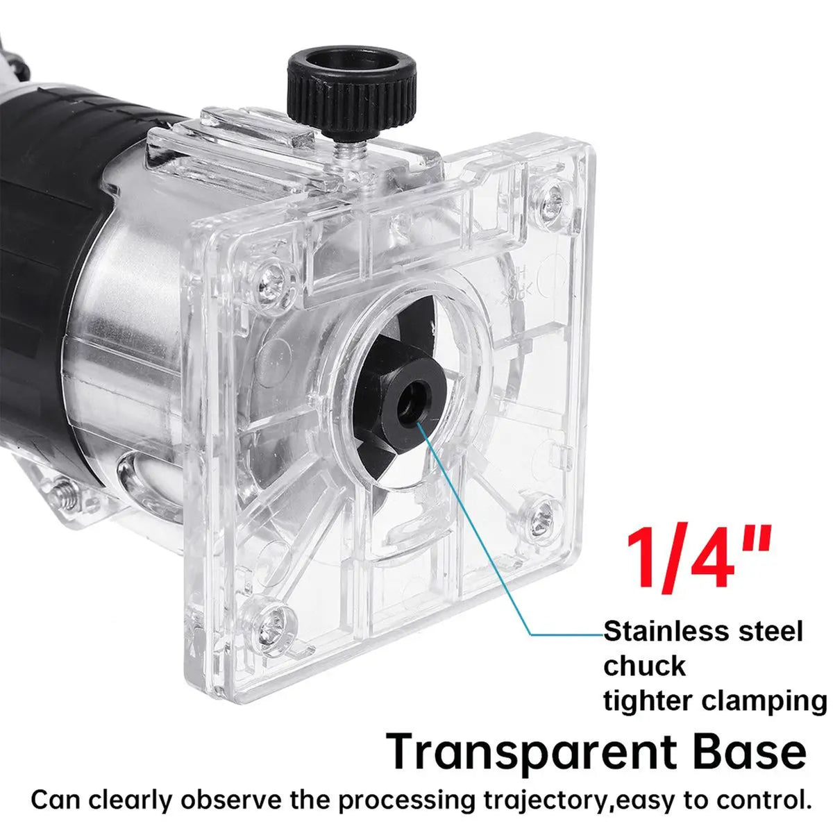 Transparent base and 1/4 inch stainless steel collet of the Al&Afa router