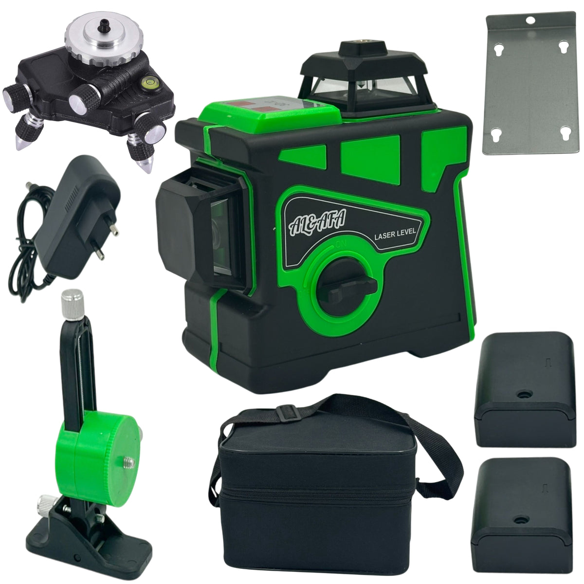 Al&Afa 12-line green laser level kit: laser, rotating base, wall bracket, charger, 2 batteries and carry bag