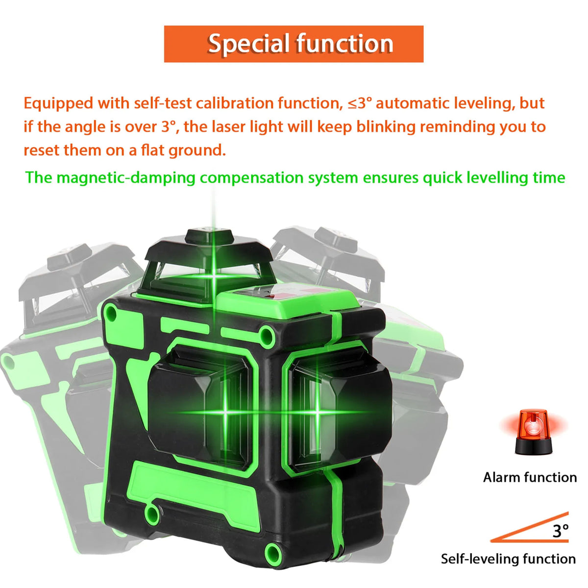 Al&Afa laser level self-levelling within 3°, with an alarm when it is tilted further