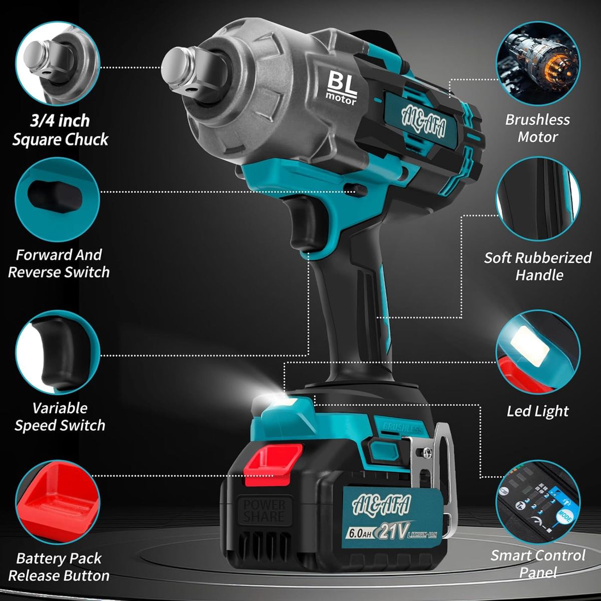 Al&Afa Brushless 2000Nm Torque Impact Wrench With 2 Batteries Socket & Case