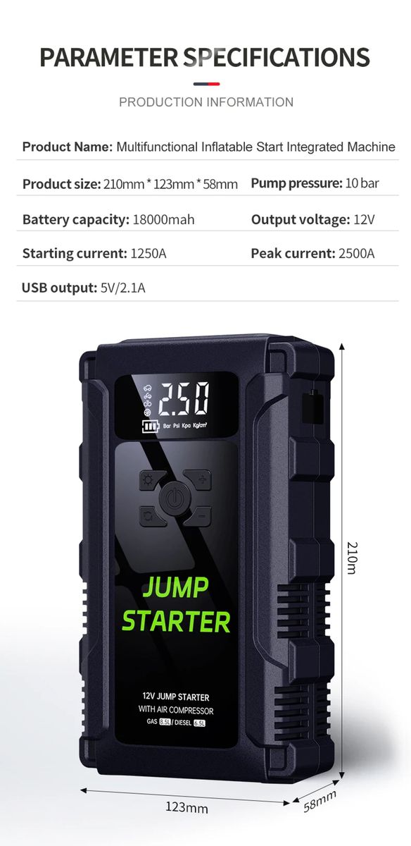 4 In 1 Emergency Car Booster, Tire Inflator, Power Bank, Flashlight & Glove