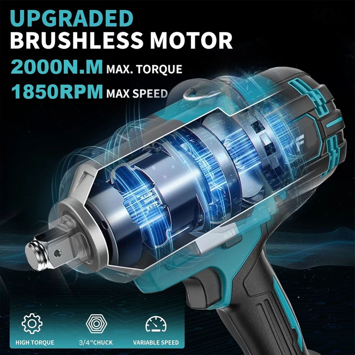 Al&Afa Brushless 2000Nm Torque Impact Wrench With 2 Batteries Socket & Case