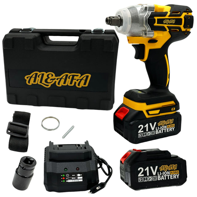 Al&Afa 21V cordless impact wrench kit: wrench, 2 batteries, charging dock, socket, strap and carry case
