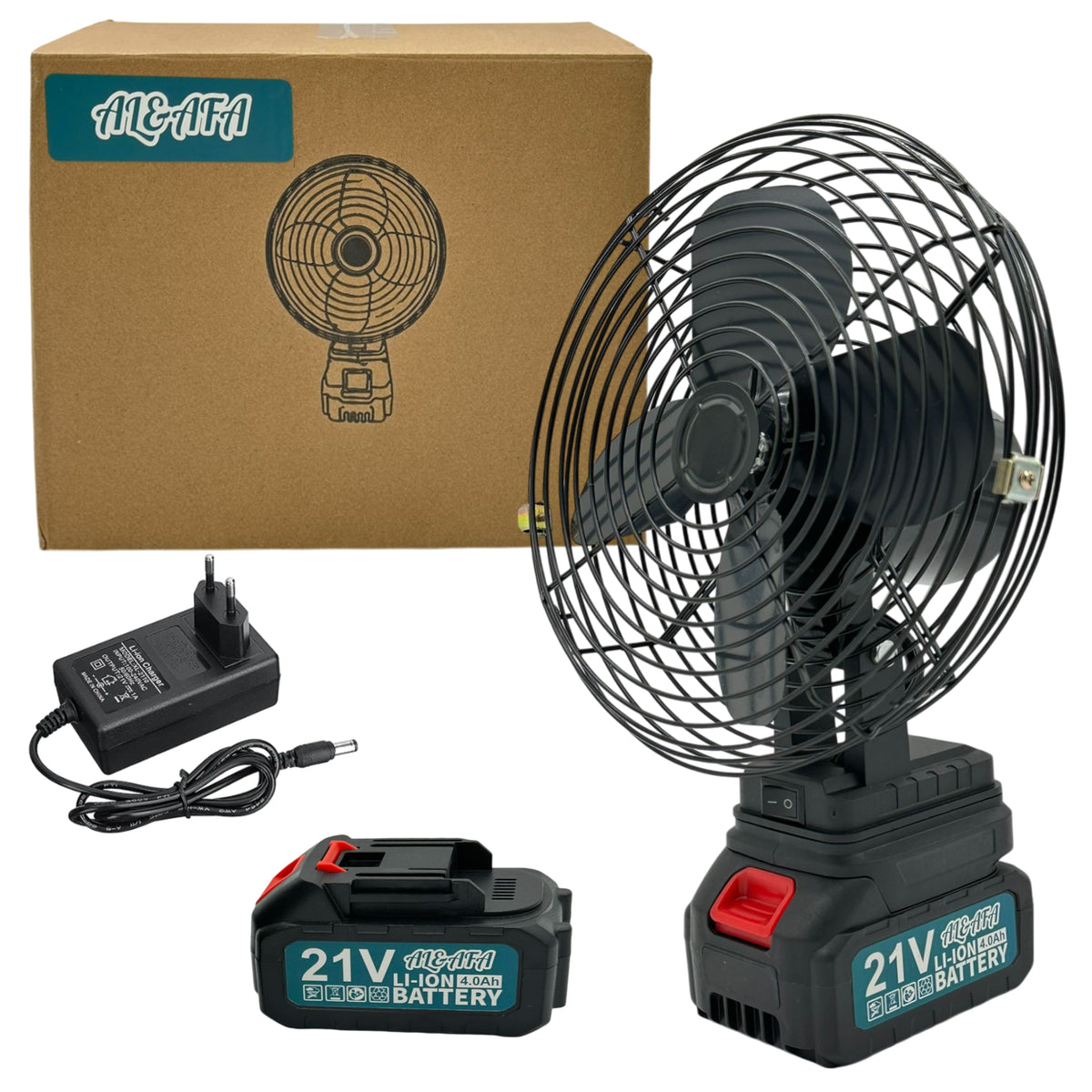 Al&Afa 8 inch cordless metal fan with 2 21V batteries, charger and box