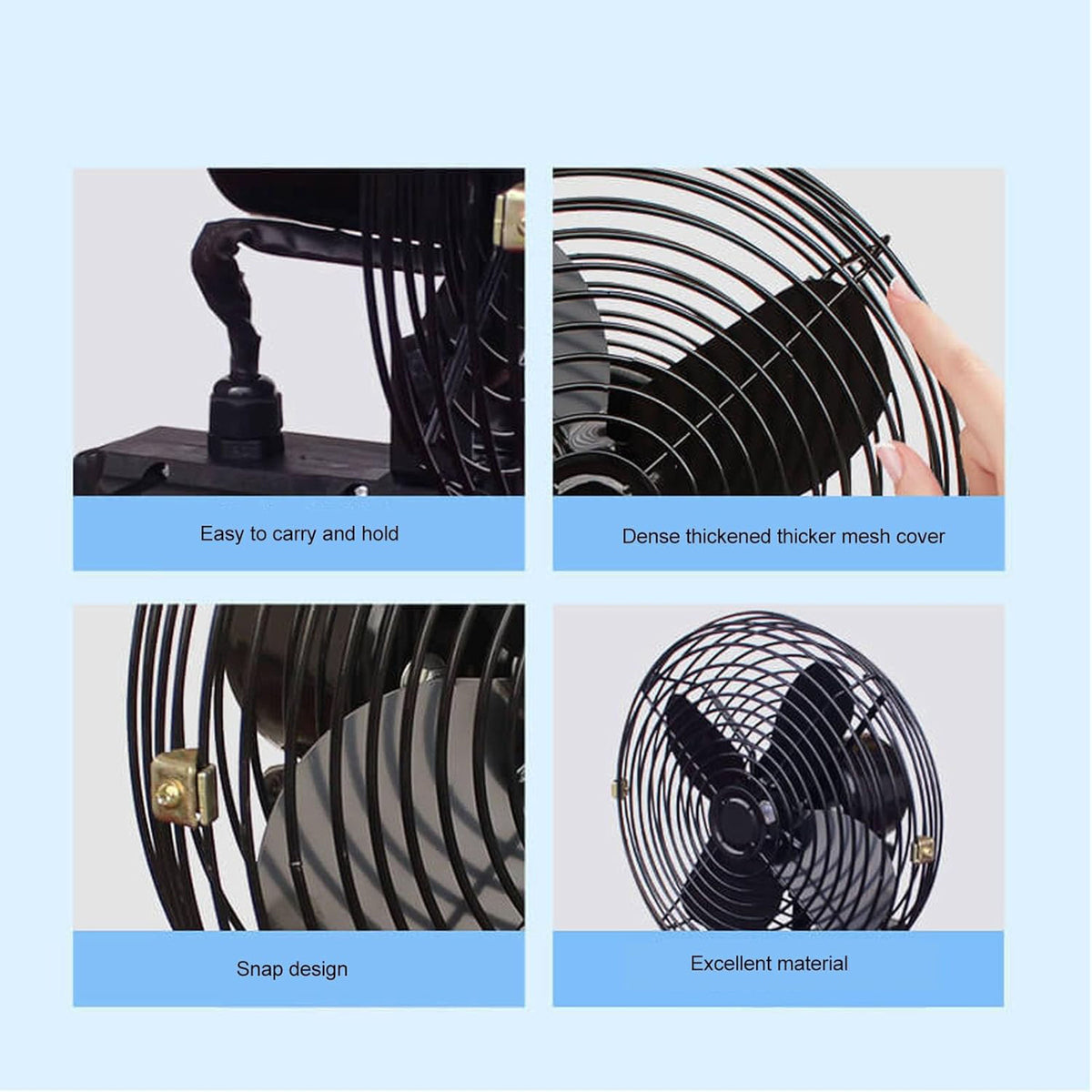 Fan details: carry handle, dense metal mesh cover, snap-on guard and metal blades
