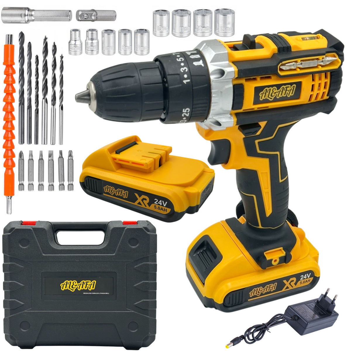 Al&Afa cordless impact drill set: drill, 2 batteries, charger, carry case, sockets, bits and drill bits