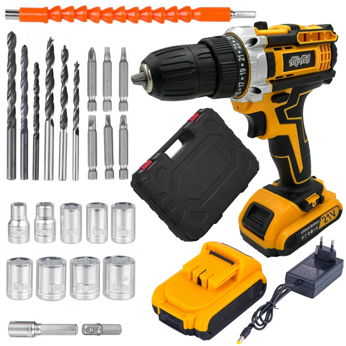 Al&Afa 26-piece 21V cordless drill set: drill, 2 batteries, charger, case, drill bits, bits and sockets