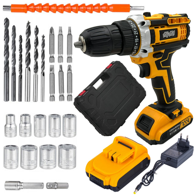 Al&Afa 26-piece 21V cordless drill set: drill, 2 batteries, charger, case, drill bits, bits and sockets