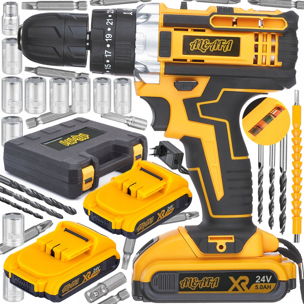 Al&Afa cordless impact drill with its 2 batteries, sockets, drill bits and case