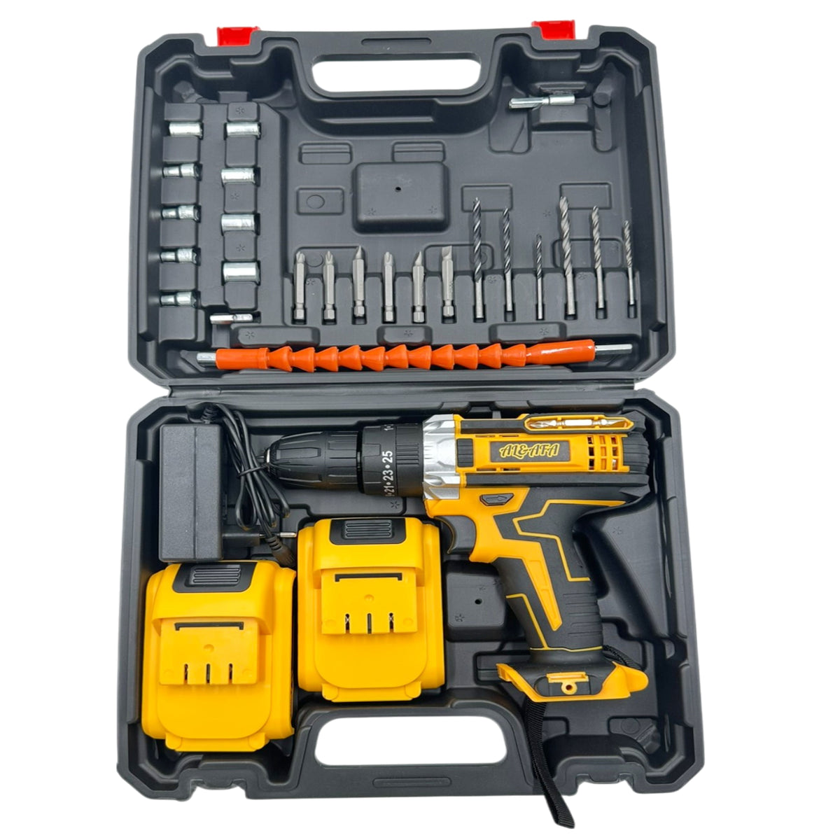 Al&Afa impact drill set packed in its carry case with 2 batteries, charger, bits and sockets
