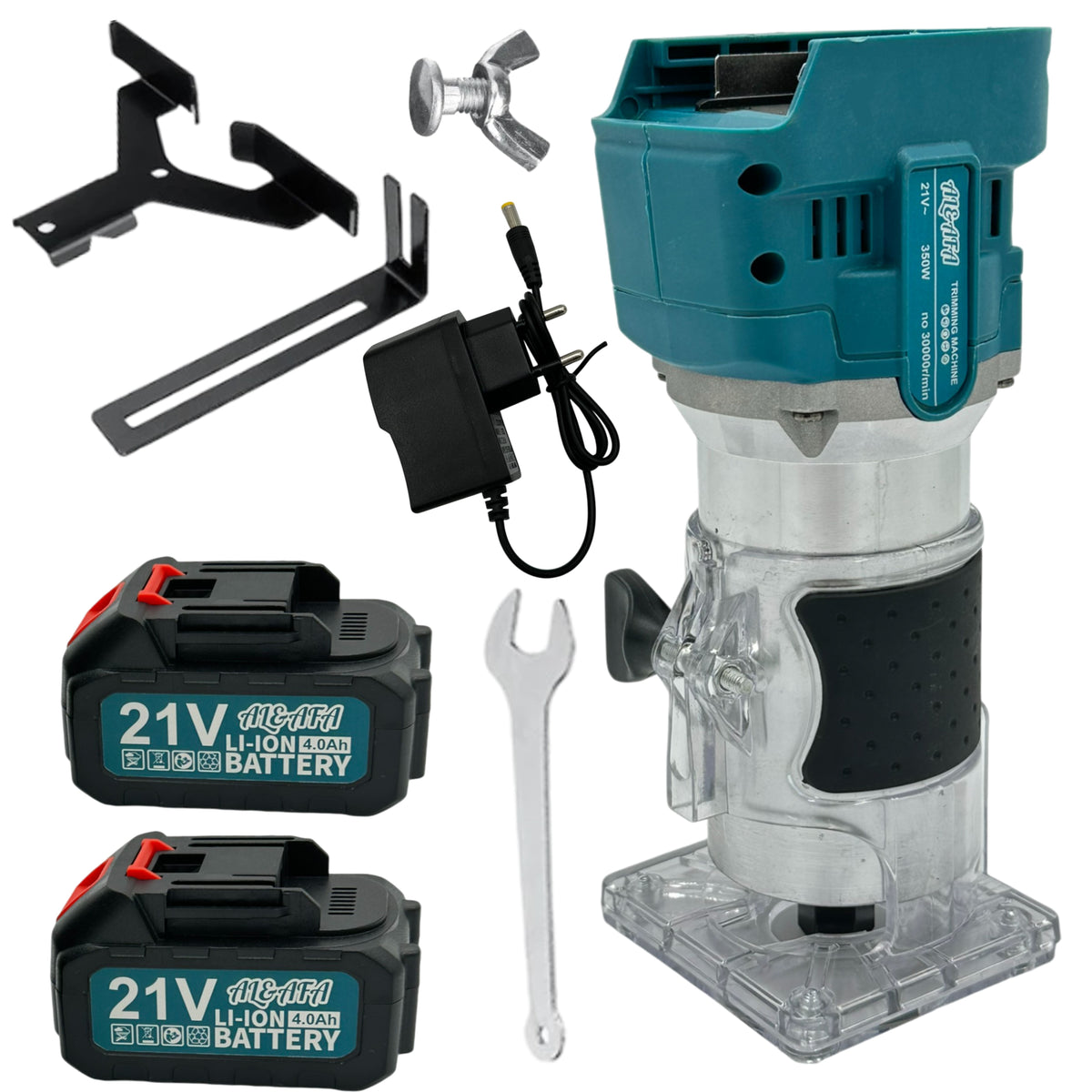 Al&Afa 21V cordless wood router kit: router, 2 batteries, charger, edge guide and spanner