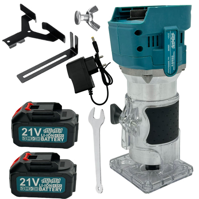 Al&Afa 21V cordless wood router kit: router, 2 batteries, charger, edge guide and spanner