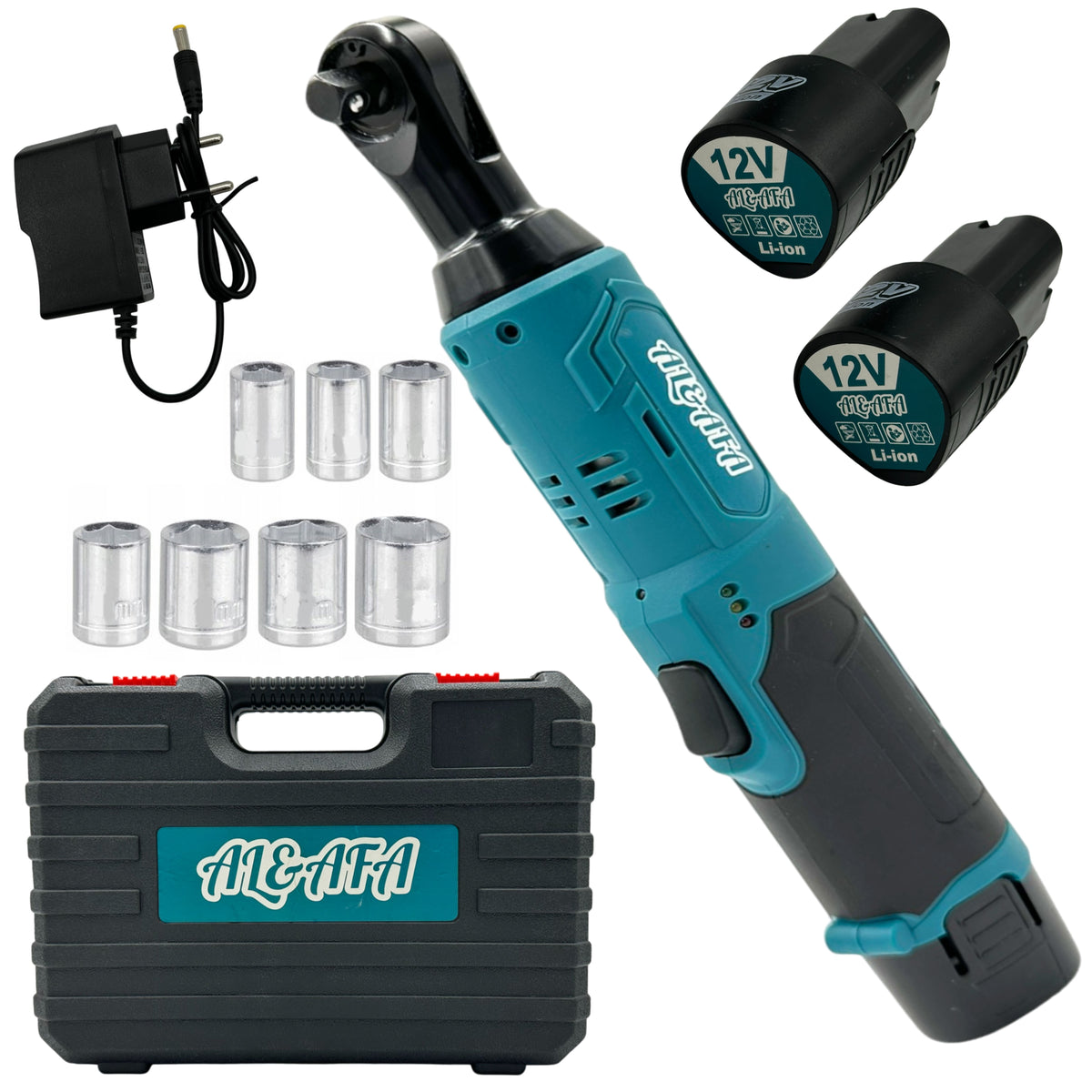 Al&Afa 12V cordless ratchet set: ratchet, 2 batteries, charger, 7 sockets and carry case