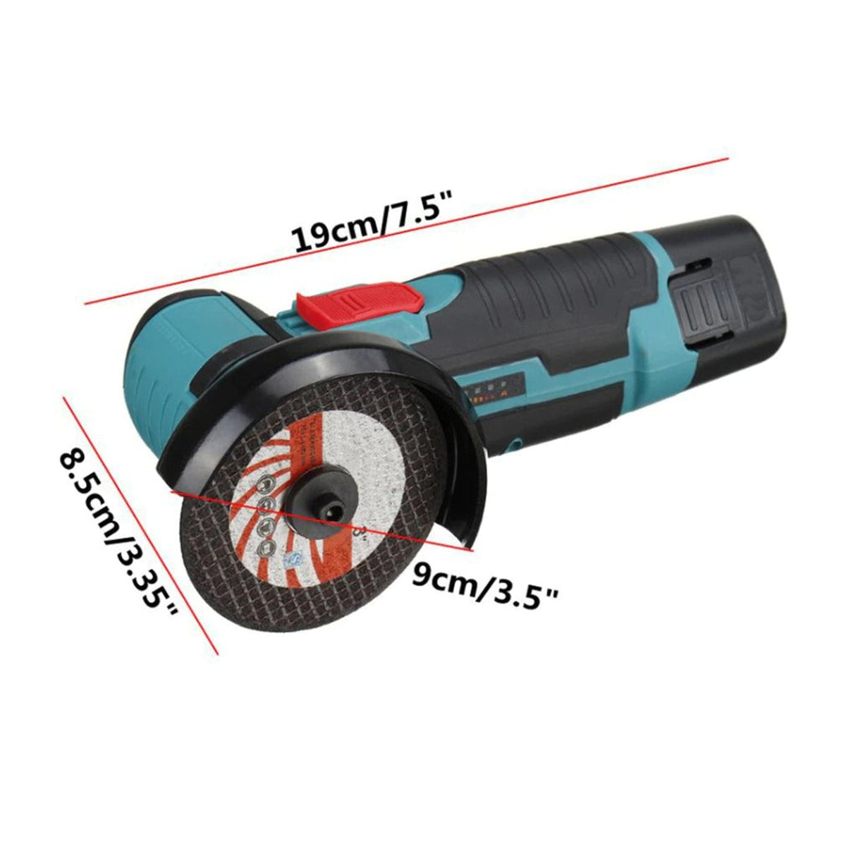 Al&Afa angle grinder dimensions: 19cm long, 8.5cm high, 9cm disc