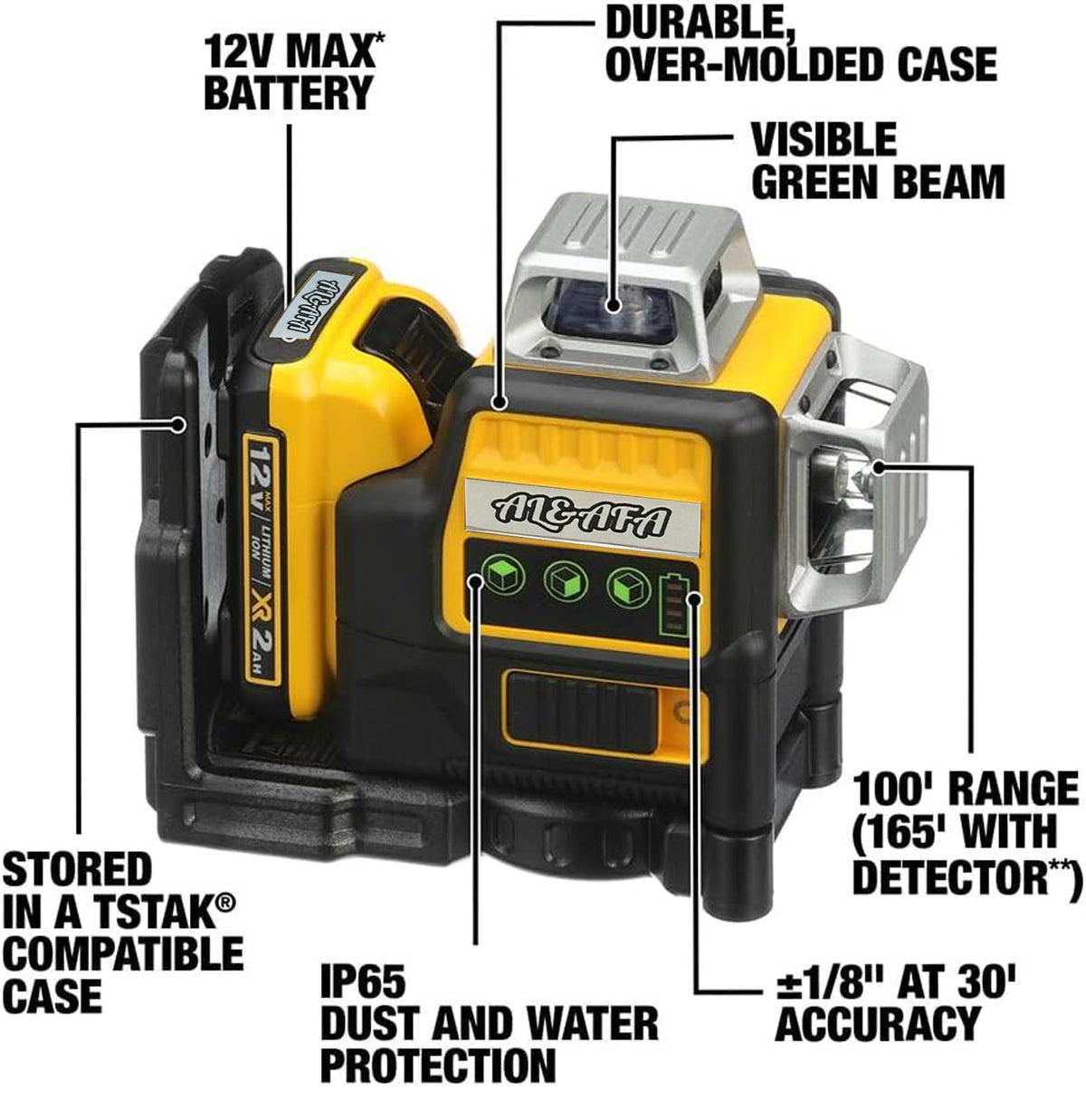 Al&Afa 3x360° laser level features: 12V battery, over-moulded case, green beam and IP65 dust and water protection