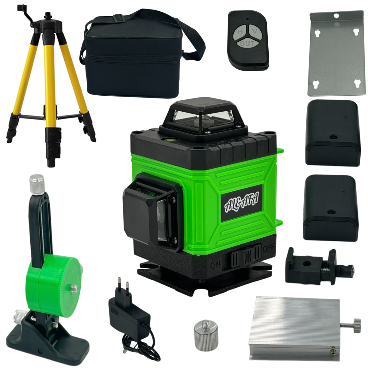 Al&Afa 4D 16-line green laser level kit: laser, tripod, remote, carry bag, wall bracket, batteries and charger