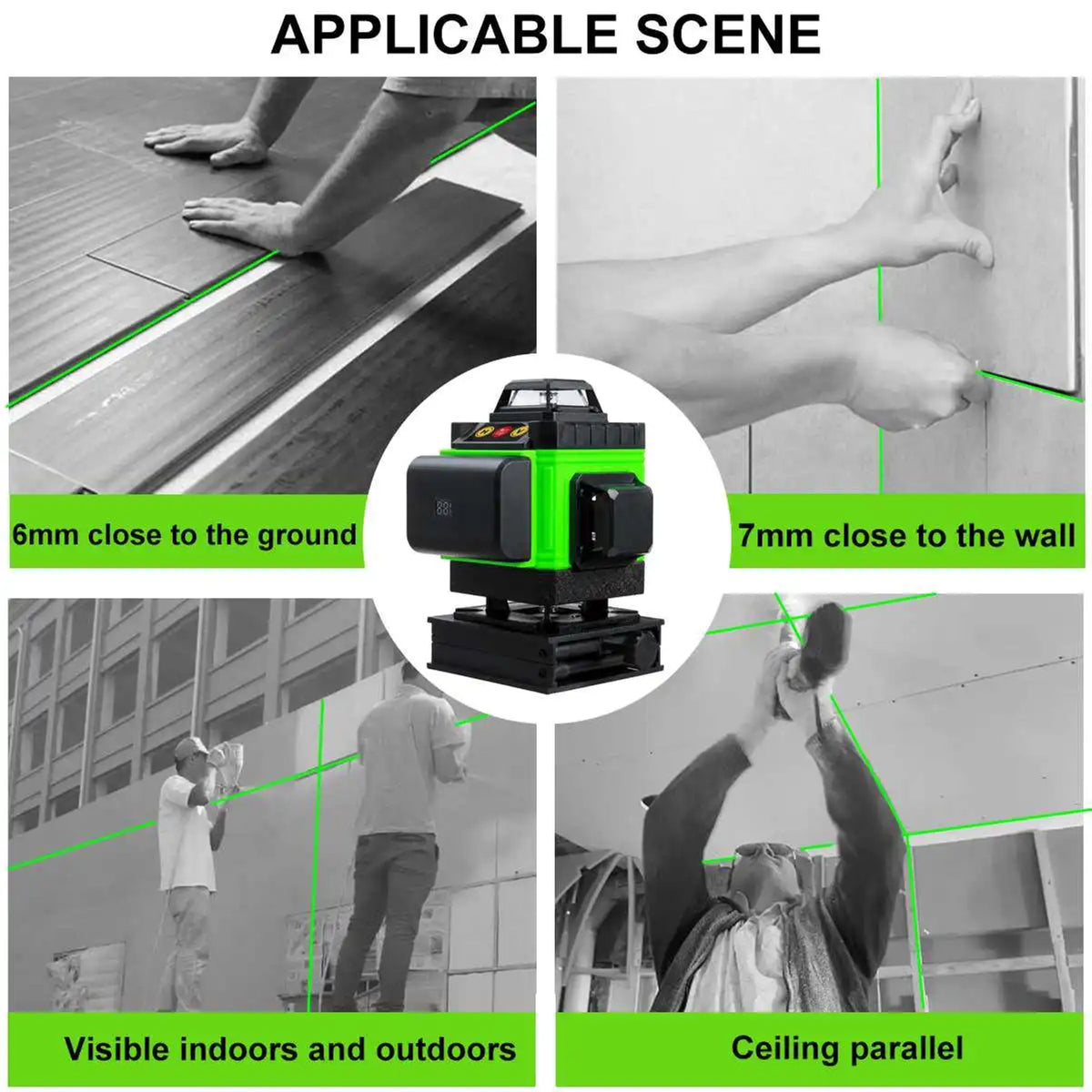 Al&Afa laser level uses: floor tiling, wall work, ceilings, indoors and outdoors