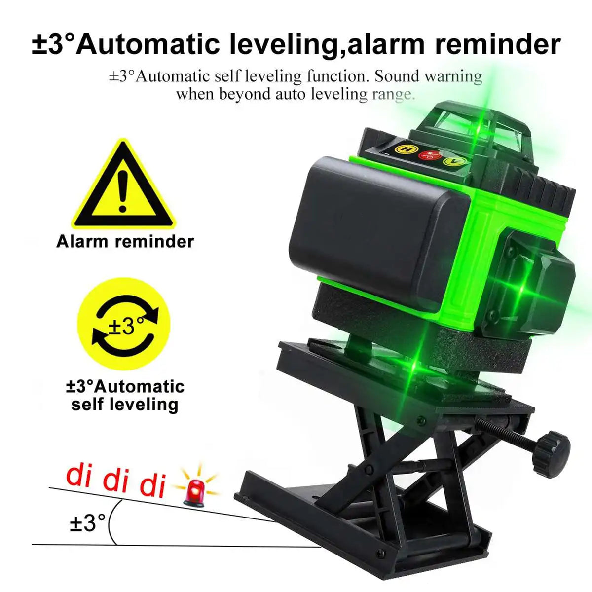 Al&Afa laser level self-levelling within 3° and sounding an alarm beyond it