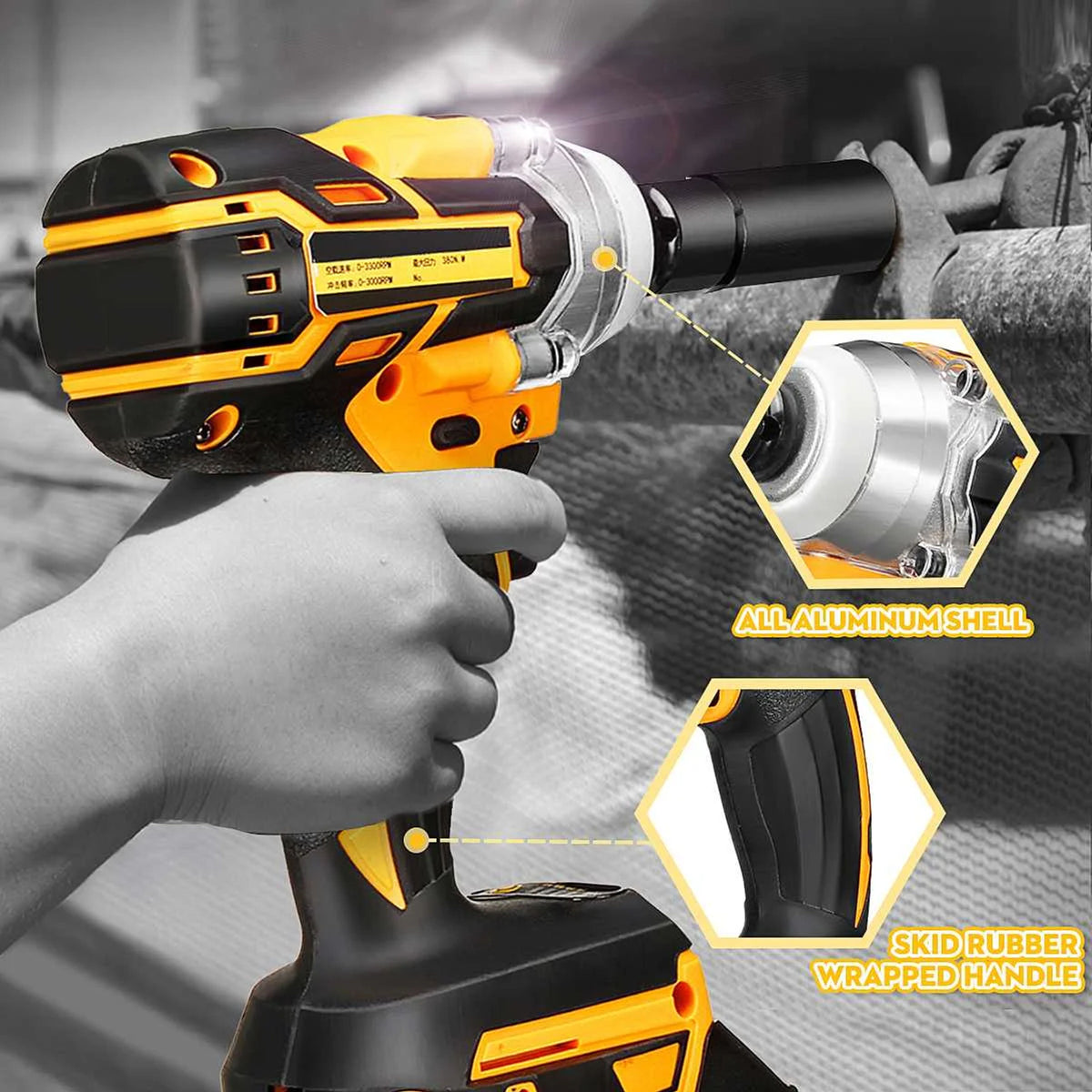 Al&Afa impact wrench in hand, showing its aluminium shell and rubber grip