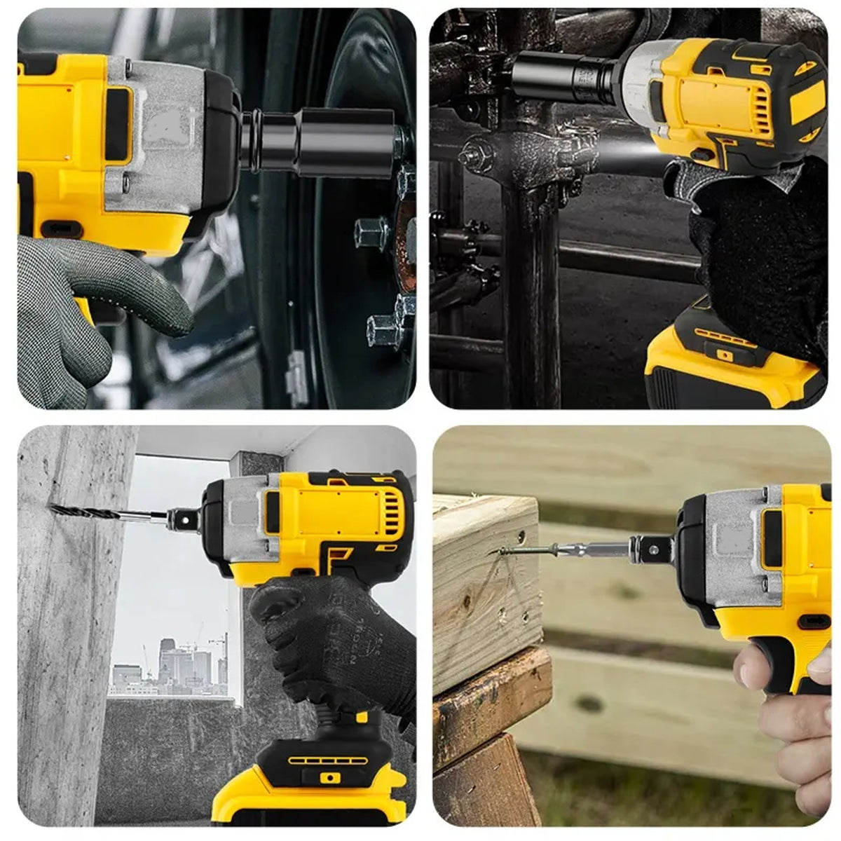 Al&Afa cordless impact wrench in use on a wheel, a wall and timber