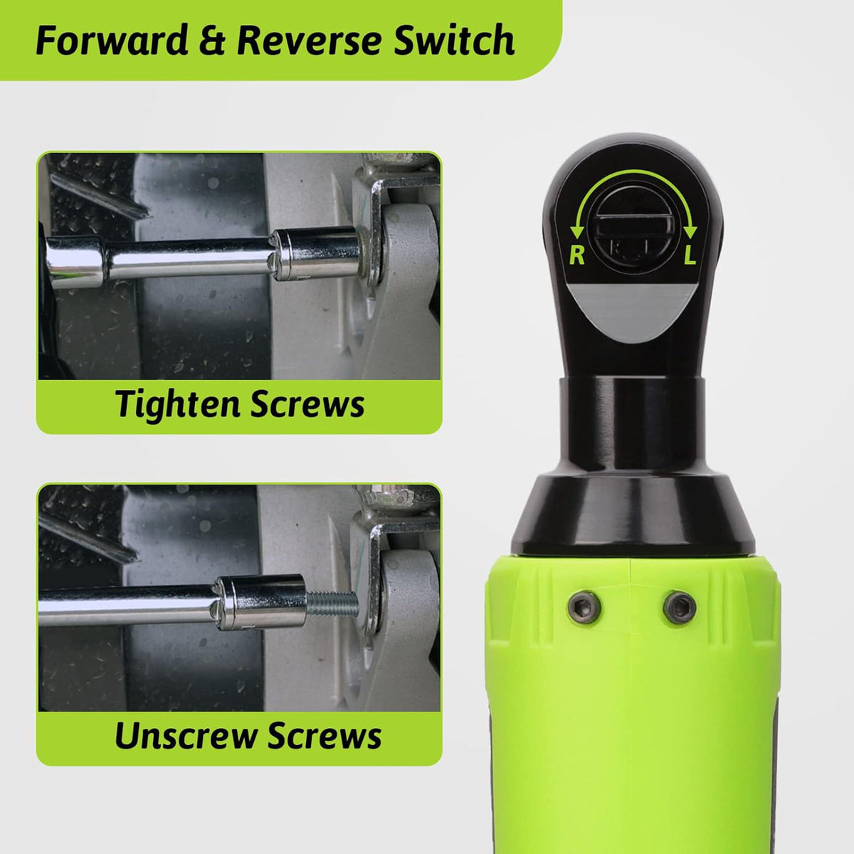 Cordless ratchet forward and reverse switch for tightening and loosening
