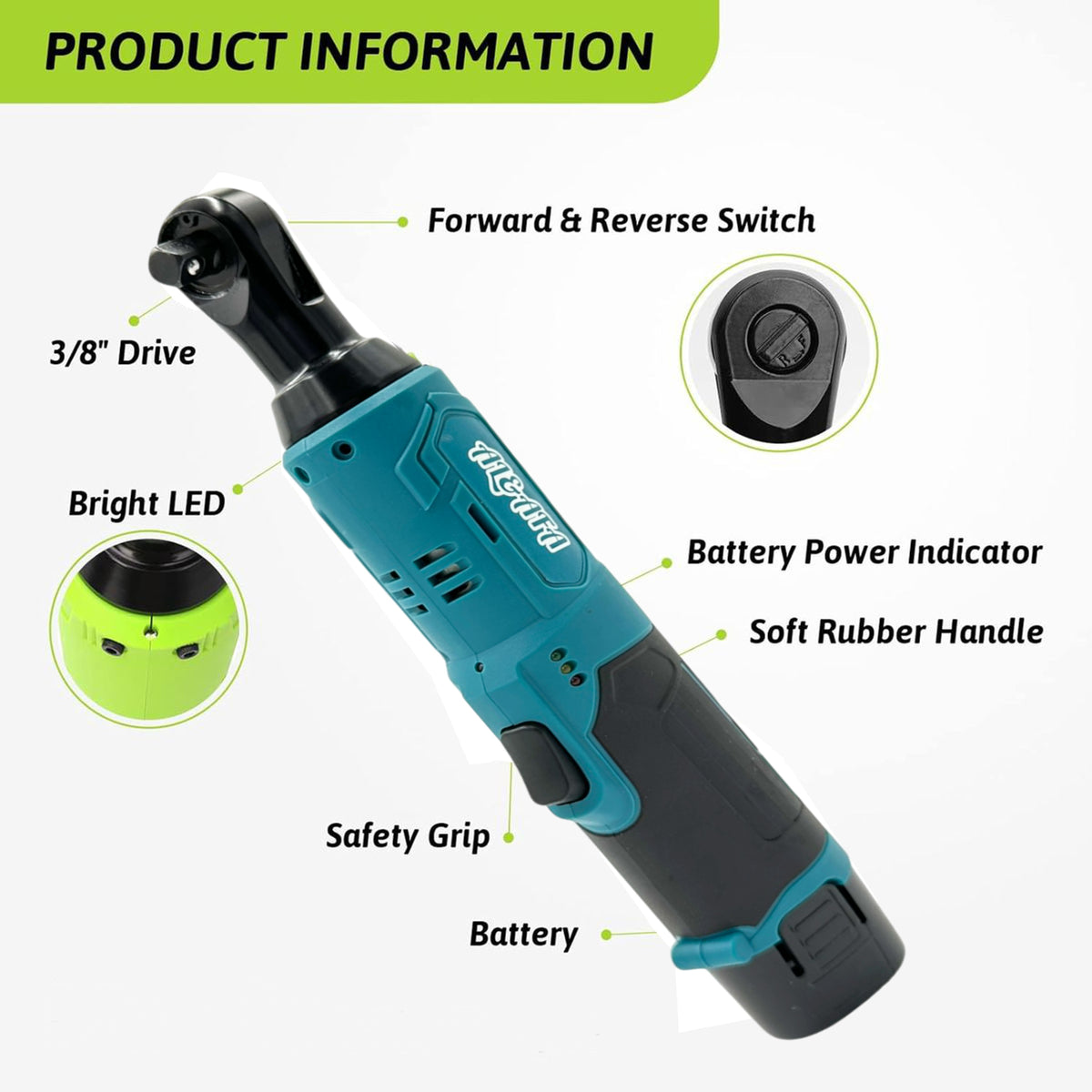 Al&Afa cordless ratchet parts: 3/8 inch drive, forward and reverse switch, LED, battery indicator and grip