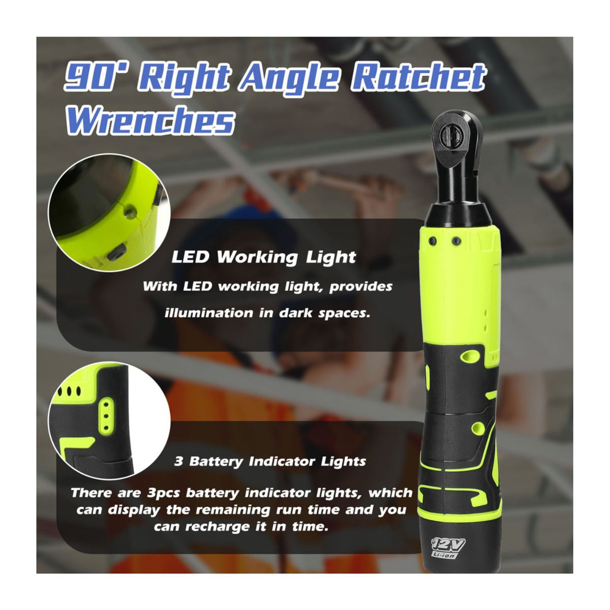 Cordless ratchet with LED work light and 3 battery indicator lights