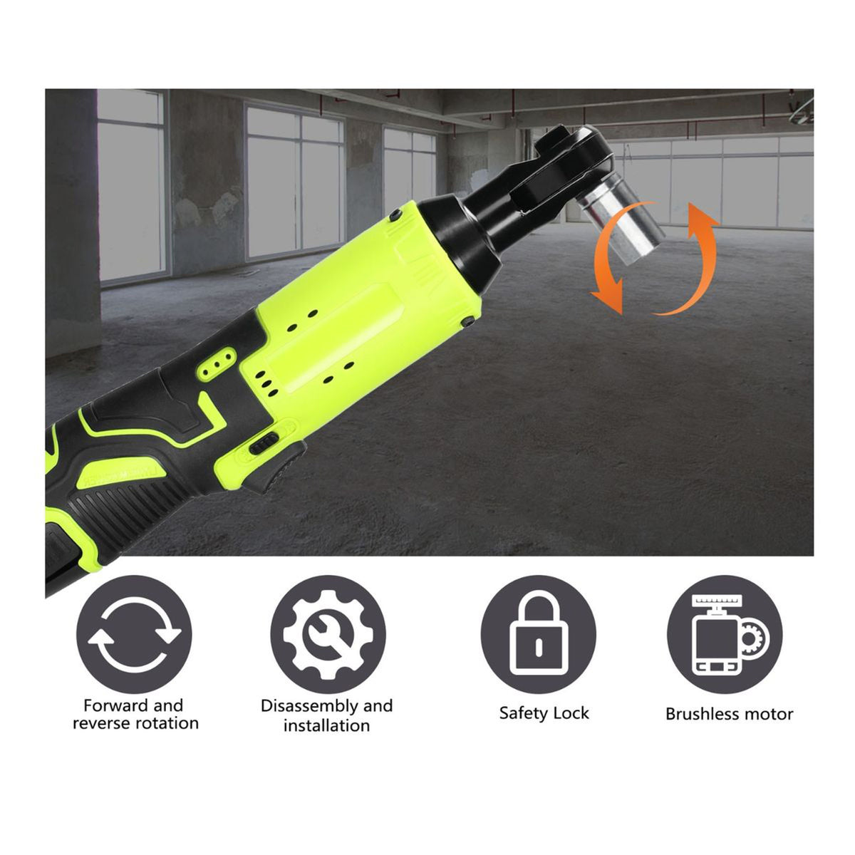 Cordless ratchet turning a socket, with forward and reverse, safety lock and brushless motor icons