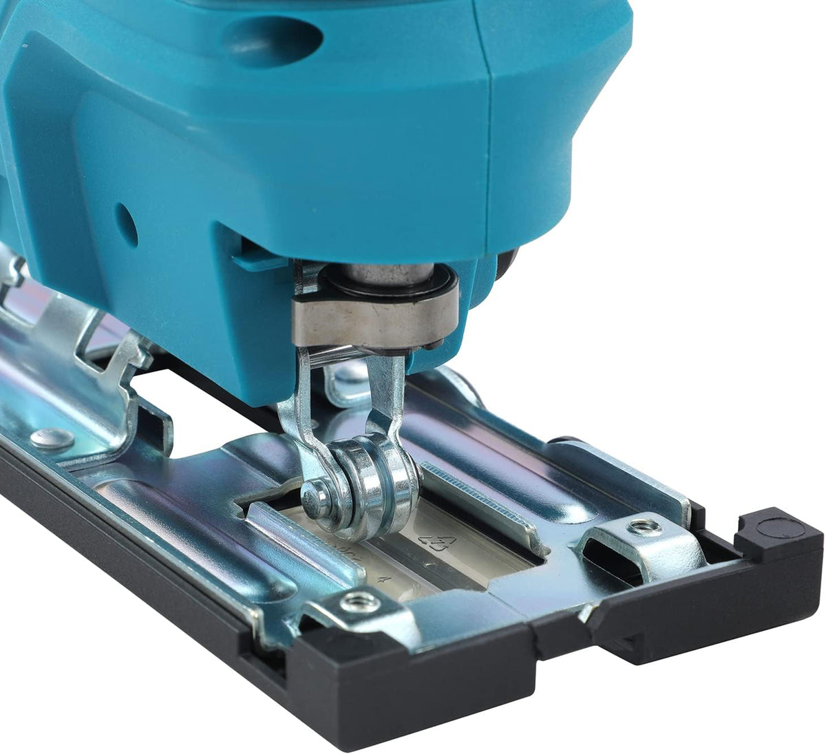 Close-up of the Al&Afa jigsaw's blade clamp and steel base plate