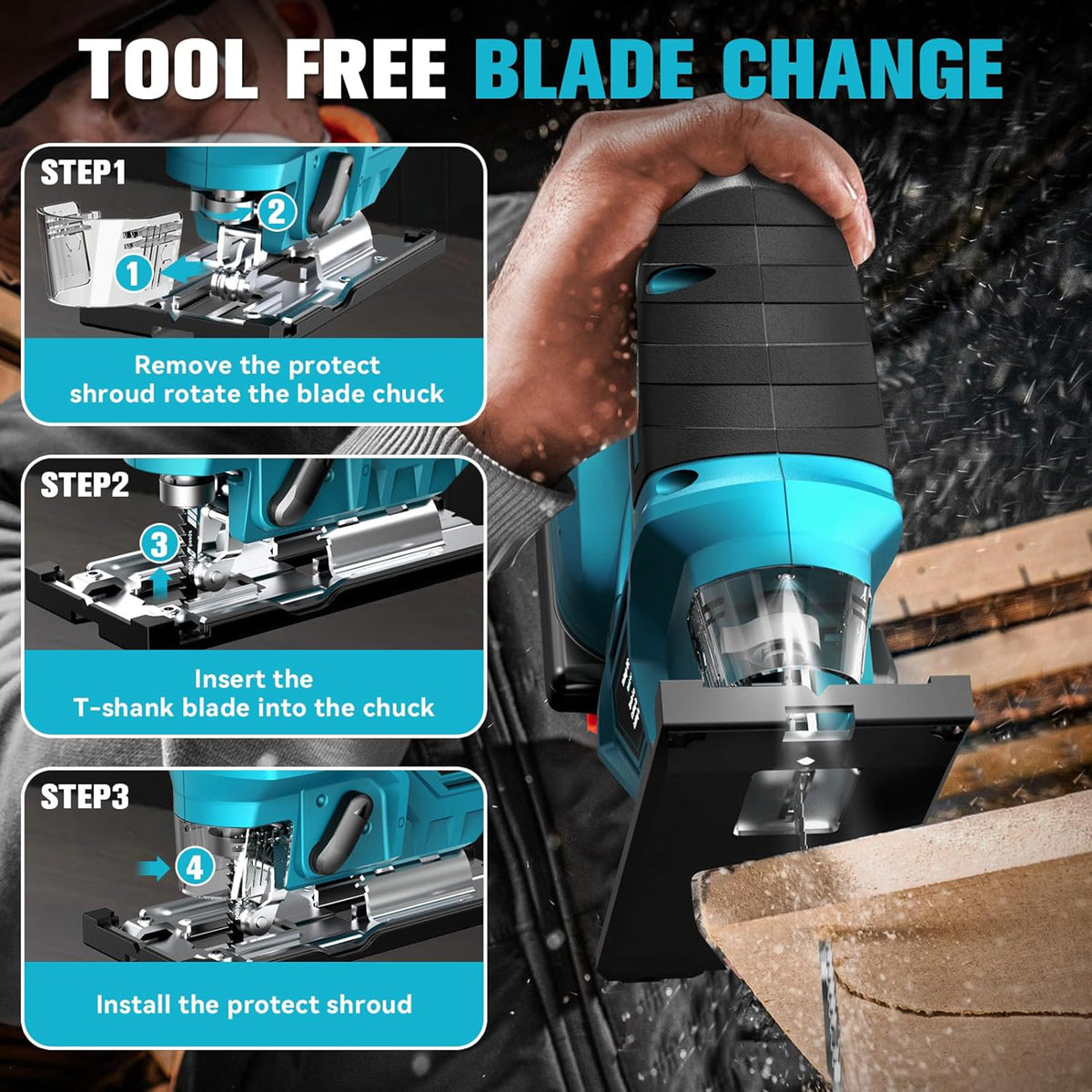 Tool-free blade change on the Al&Afa jigsaw in three steps, with a T-shank blade
