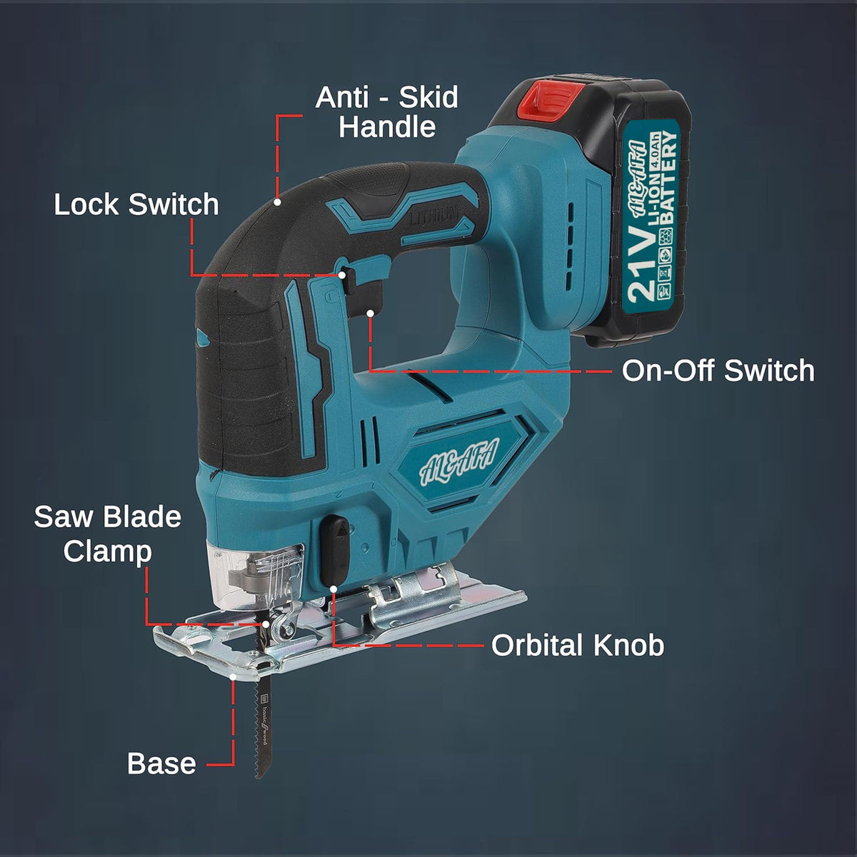 Al&Afa jigsaw parts: anti-skid handle, lock switch, on-off switch, blade clamp, orbital knob and base
