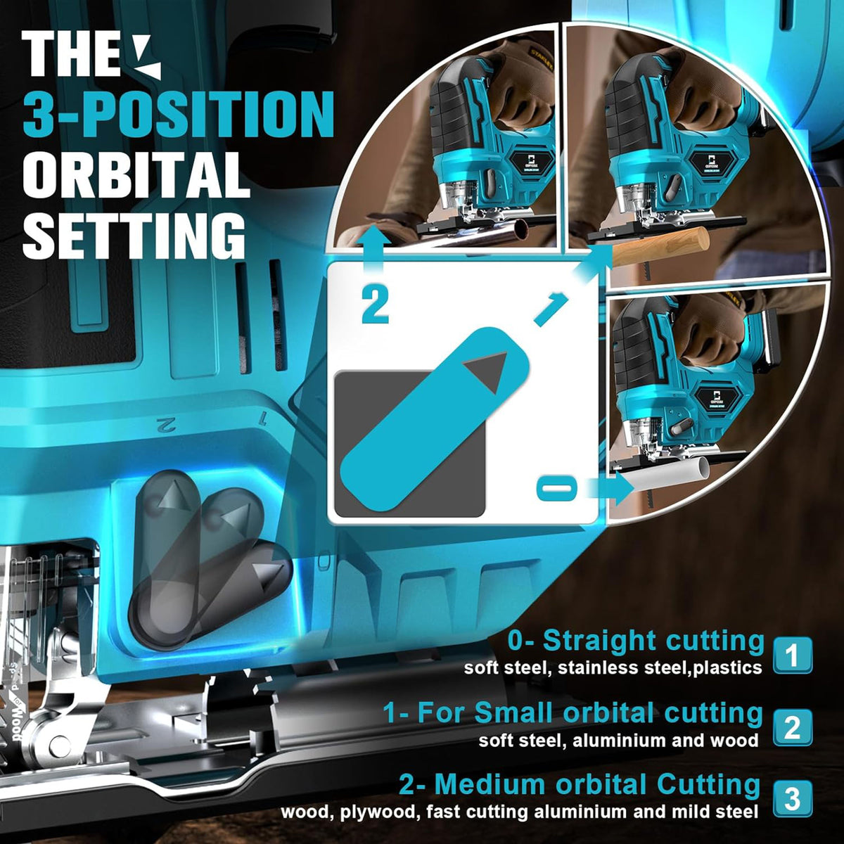 Al&Afa jigsaw orbital settings: straight cutting and two orbital cutting modes