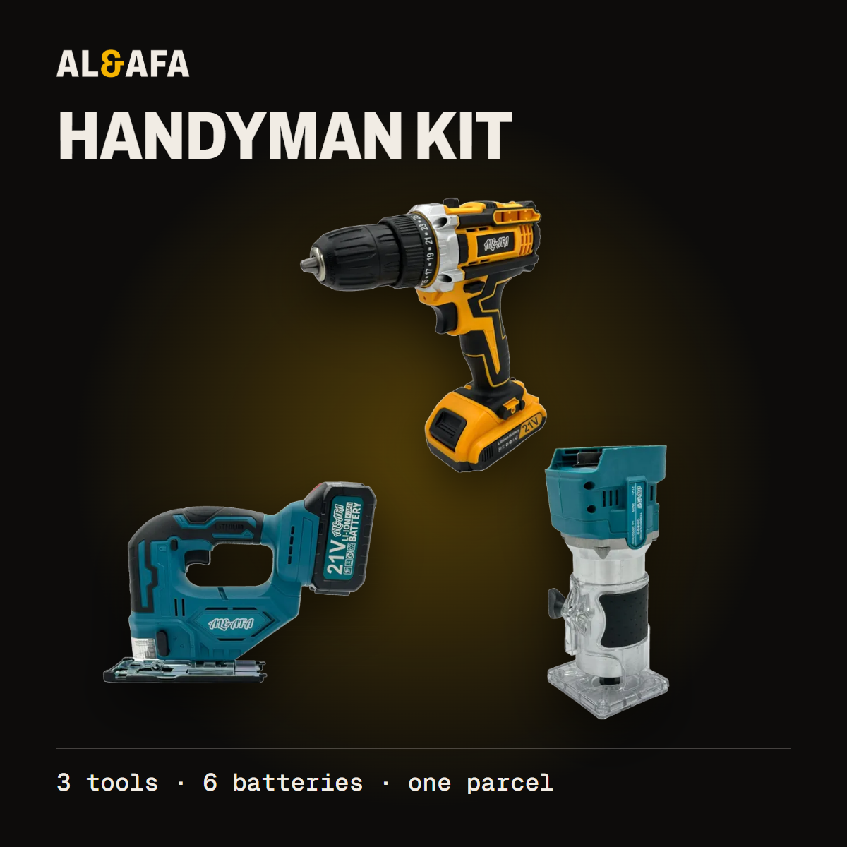Al&Afa Handyman kit: 26-piece drill set, cordless jigsaw, cordless wood router
