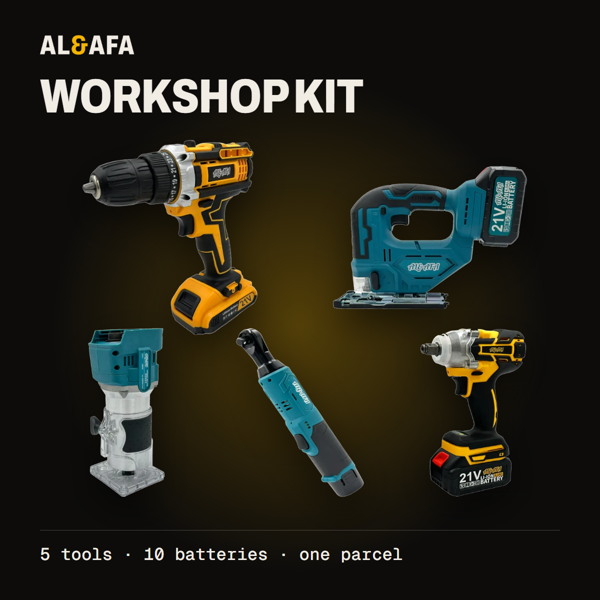 Al&Afa Workshop kit: 26-piece drill set, cordless jigsaw, cordless wood router, power ratchet set, impact wrench set