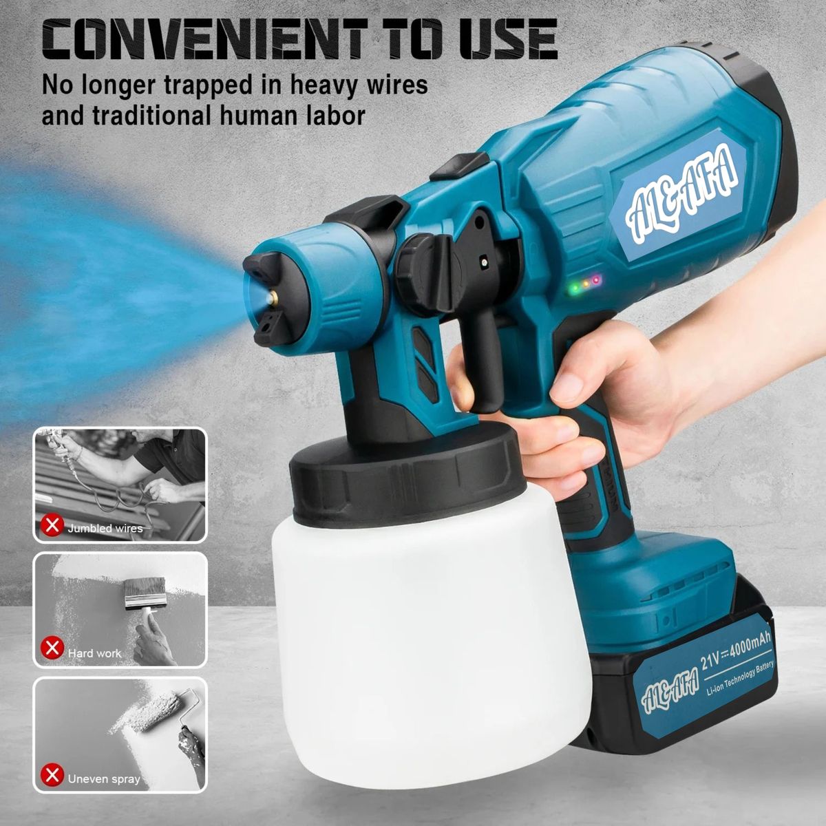 Al & Afa Cordless HVLP Paint Sprayer 2 Batteries, Cleaning Kit & 4 Nozzles