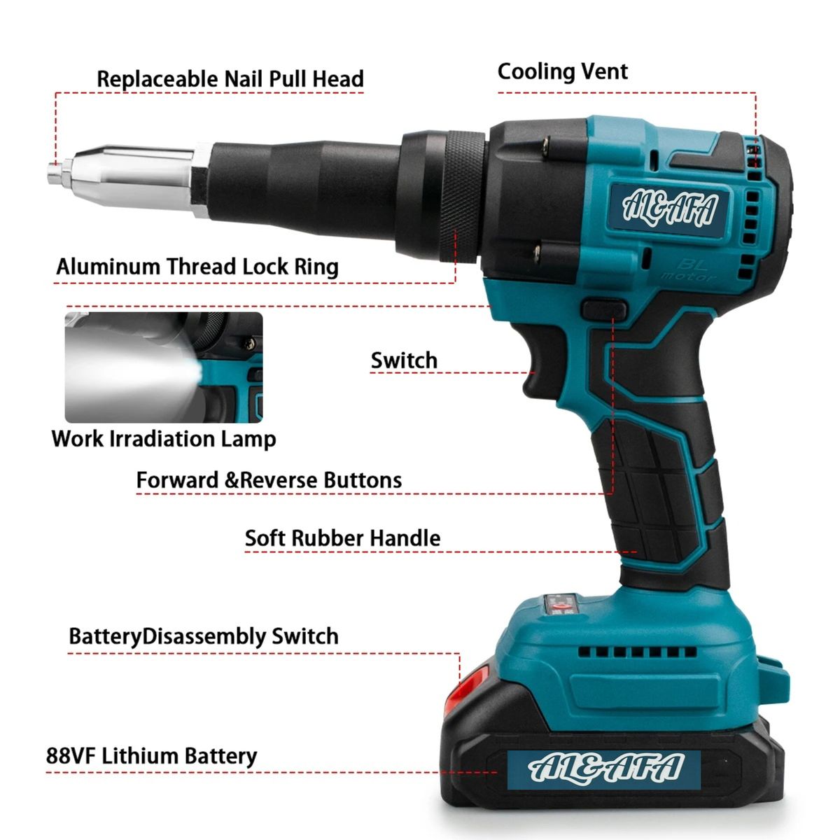 Al&Afa 21V Cordless Rivet Gun Kit With Case, 2 Batteries & Accessories