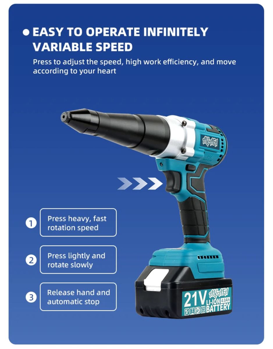 Al&Afa 21V Cordless Rivet Gun Kit With Case, 2 Batteries & Accessories