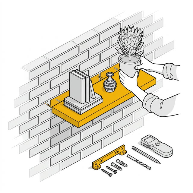 A floating shelf on a brick wall, finished