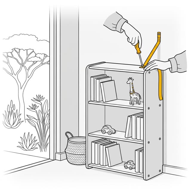 A kids' bookshelf with soft corners, finished