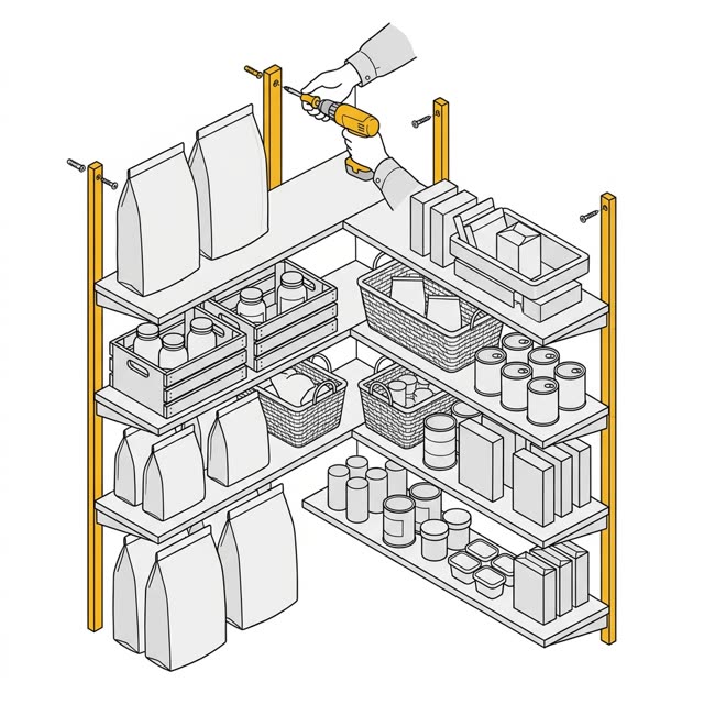 A floor-to-ceiling pantry shelf system, finished