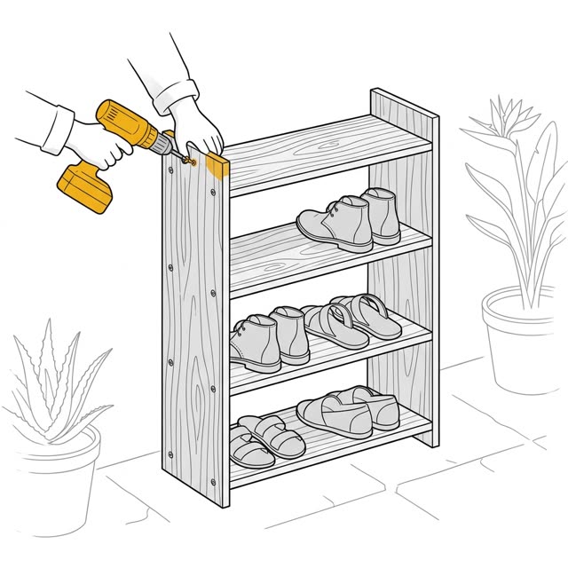 A three-shelf shoe rack, finished