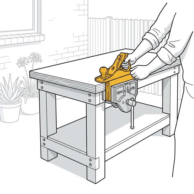 A heavy workbench with a vice, finished
